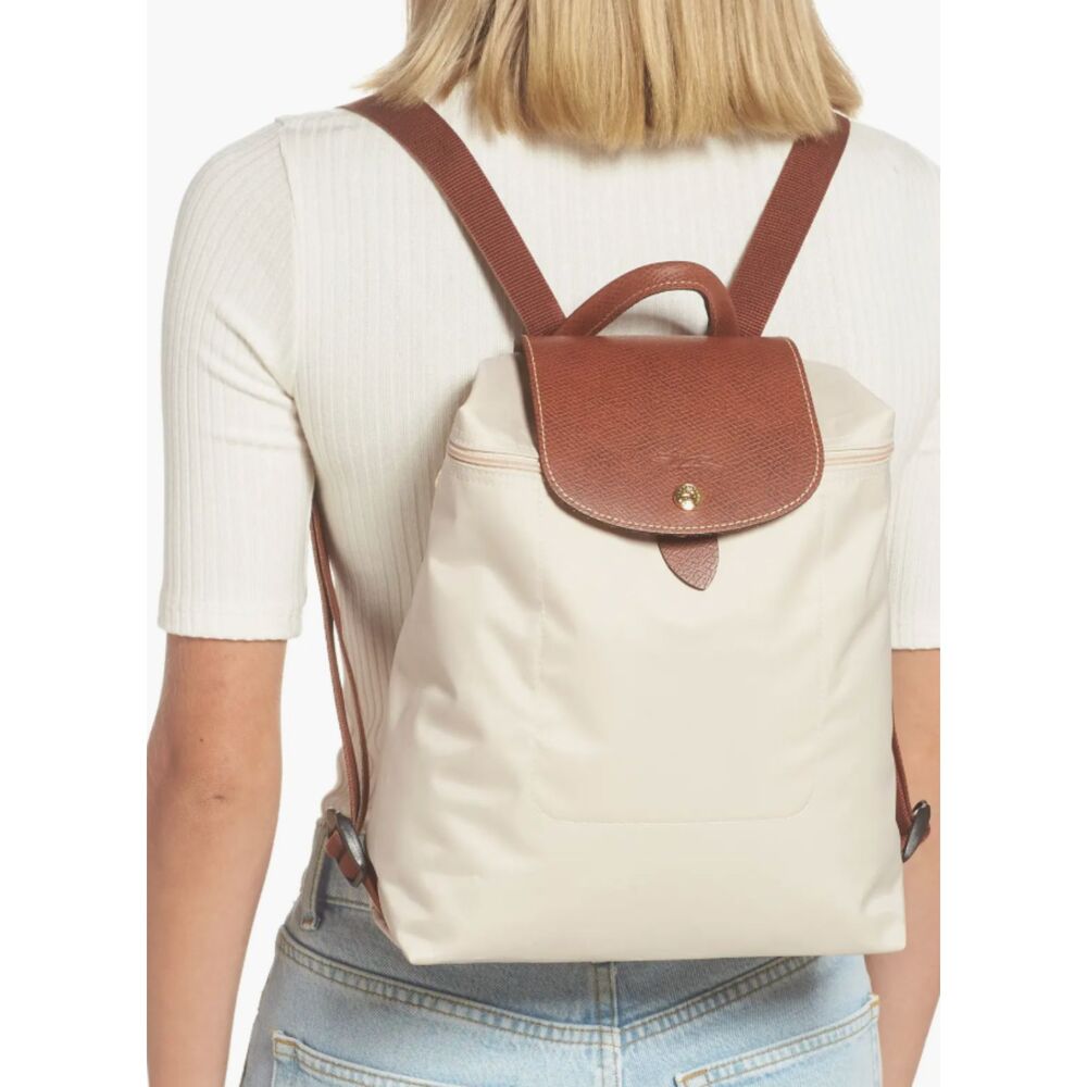 Longchamp Le Pliage Nylon Canvas Backpack Black Authentic Tan Beige